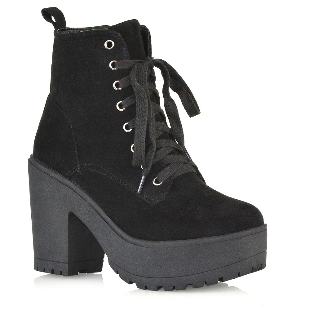 Merida Lace up Chunky Platform Block High Heel Ankle Boots in Black Faux Suede