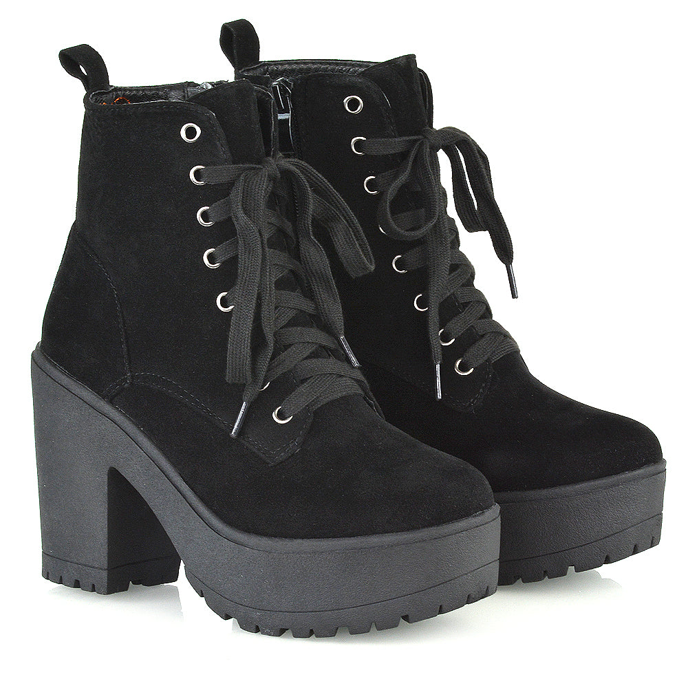 Merida Lace up Chunky Platform Block High Heel Ankle Boots in Black Faux Suede