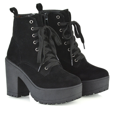 Merida Lace up Chunky Platform Block High Heel Ankle Boots in Black Canvas