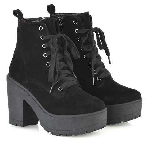 Merida Lace up Chunky Platform Block High Heel Ankle Boots in Black Synthetic Leather