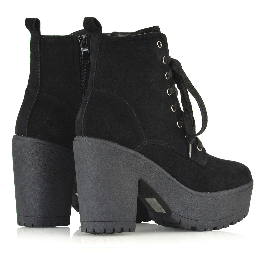 Merida Lace up Chunky Platform Block High Heel Ankle Boots in Black Canvas