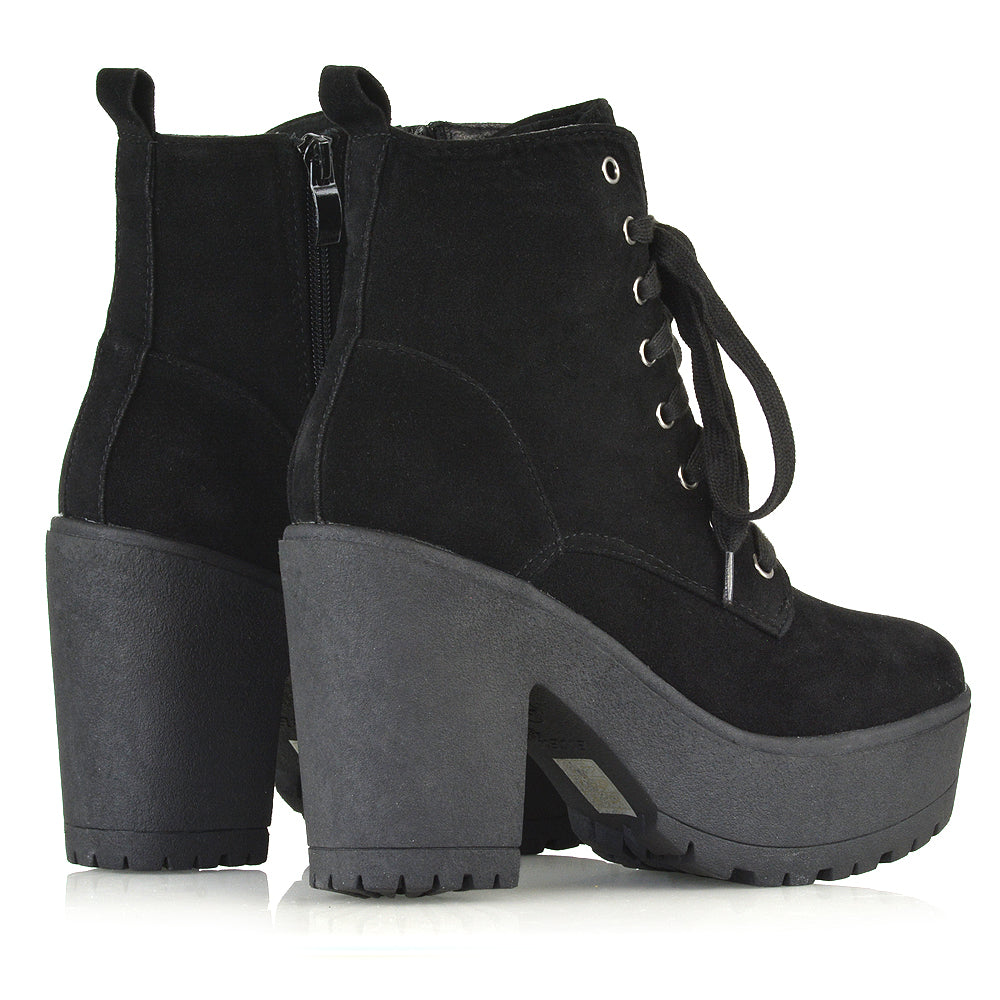 Merida Lace up Chunky Platform Block High Heel Ankle Boots in Black Faux Suede