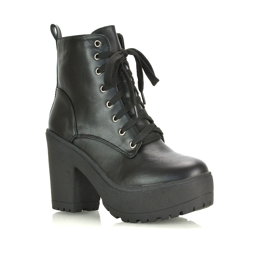 Merida Lace up Chunky Platform Block High Heel Ankle Boots in Black Synthetic Leather