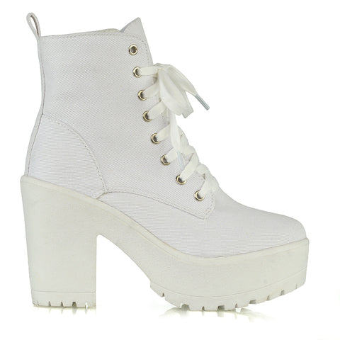 Merida Lace up Chunky Platform Block High Heel Ankle Boots in White