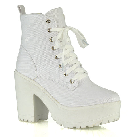 Merida Lace up Chunky Platform Block High Heel Ankle Boots in White