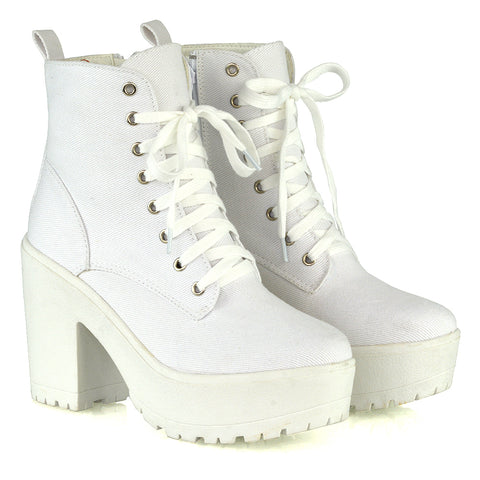 Merida Lace up Chunky Platform Block High Heel Ankle Boots in White