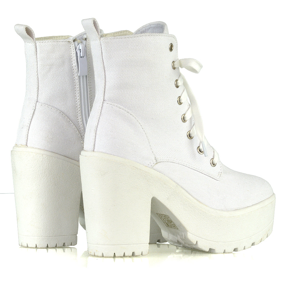 Merida Lace up Chunky Platform Block High Heel Ankle Boots in White