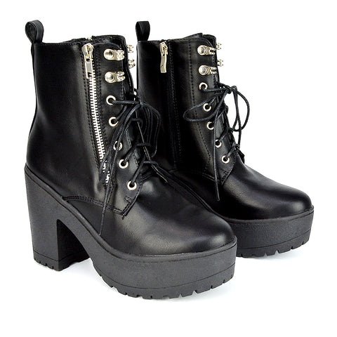 Harlin Combat Platform Block High Heel Ankle Boots in Black Synthetic Leather