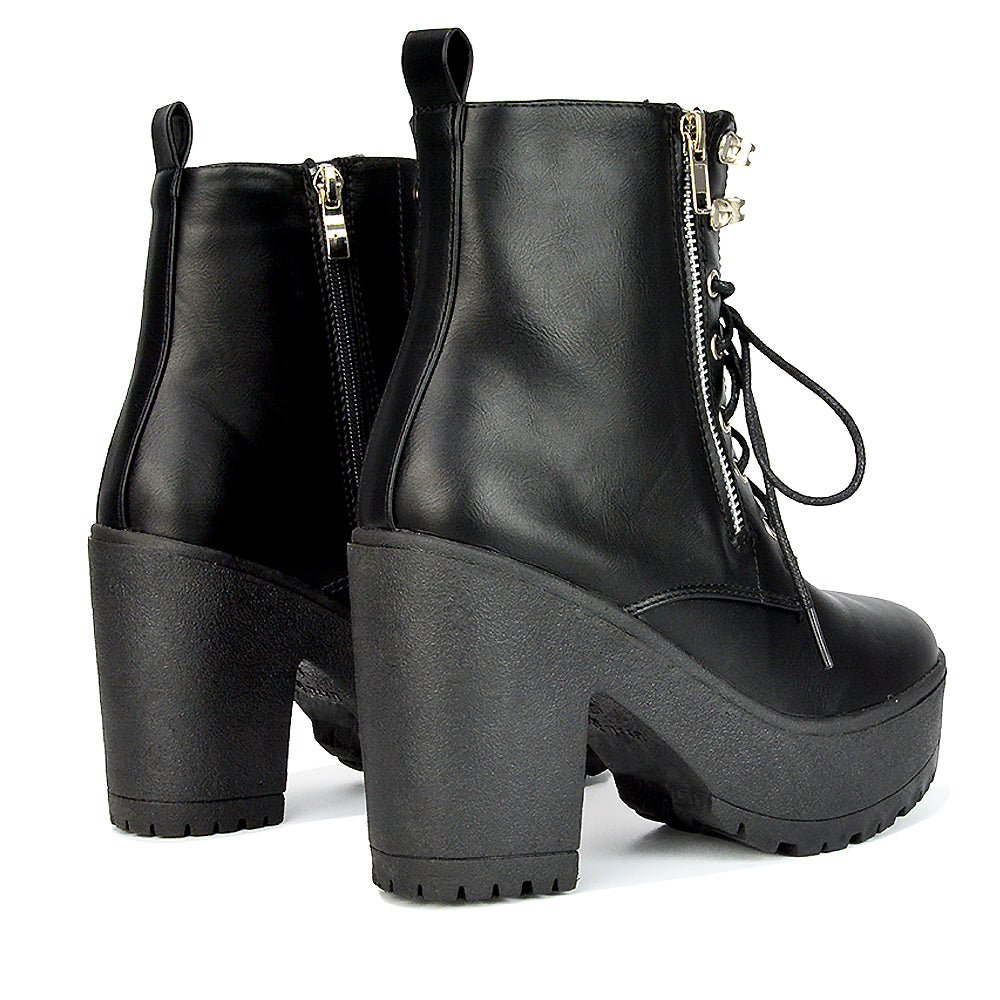Harlin Combat Platform Block High Heel Ankle Boots in Black Synthetic Leather