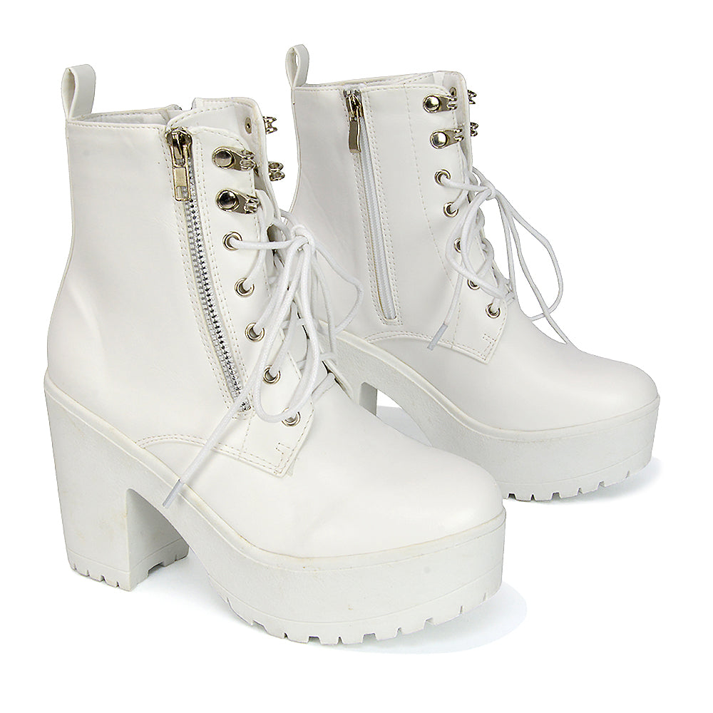 Harlin Combat Platform Block High Heel Ankle Boots in White Synthetic Leather