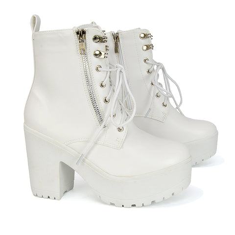 Harlin Combat Platform Block High Heel Ankle Boots in White Synthetic Leather