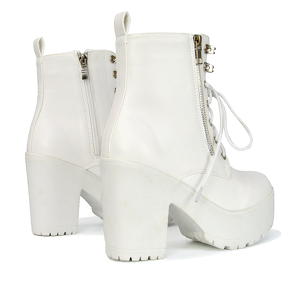 Harlin Combat Platform Block High Heel Ankle Boots in White Synthetic Leather