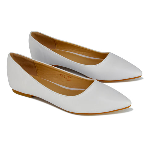 Alessia Flat Pointed Toe Low Heel Slip on Bridal Ballerina Pump Shoes in White