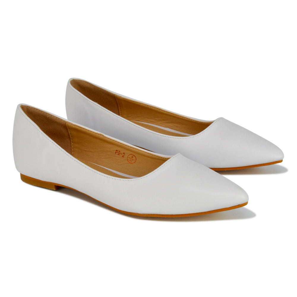 Alessia Flat Pointed Toe Low Heel Slip on Bridal Ballerina Pump Shoes in White