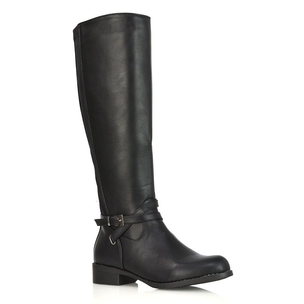 Everly Flat Knee High Low Block Heel Riding Flat Long Boots in Brown Synthetic Leather