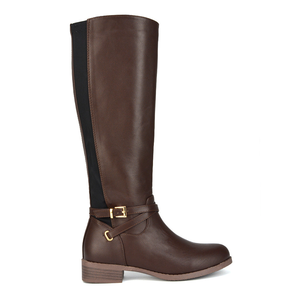 Everly Flat Knee High Low Block Heel Riding Flat Long Boots in Brown Synthetic Leather