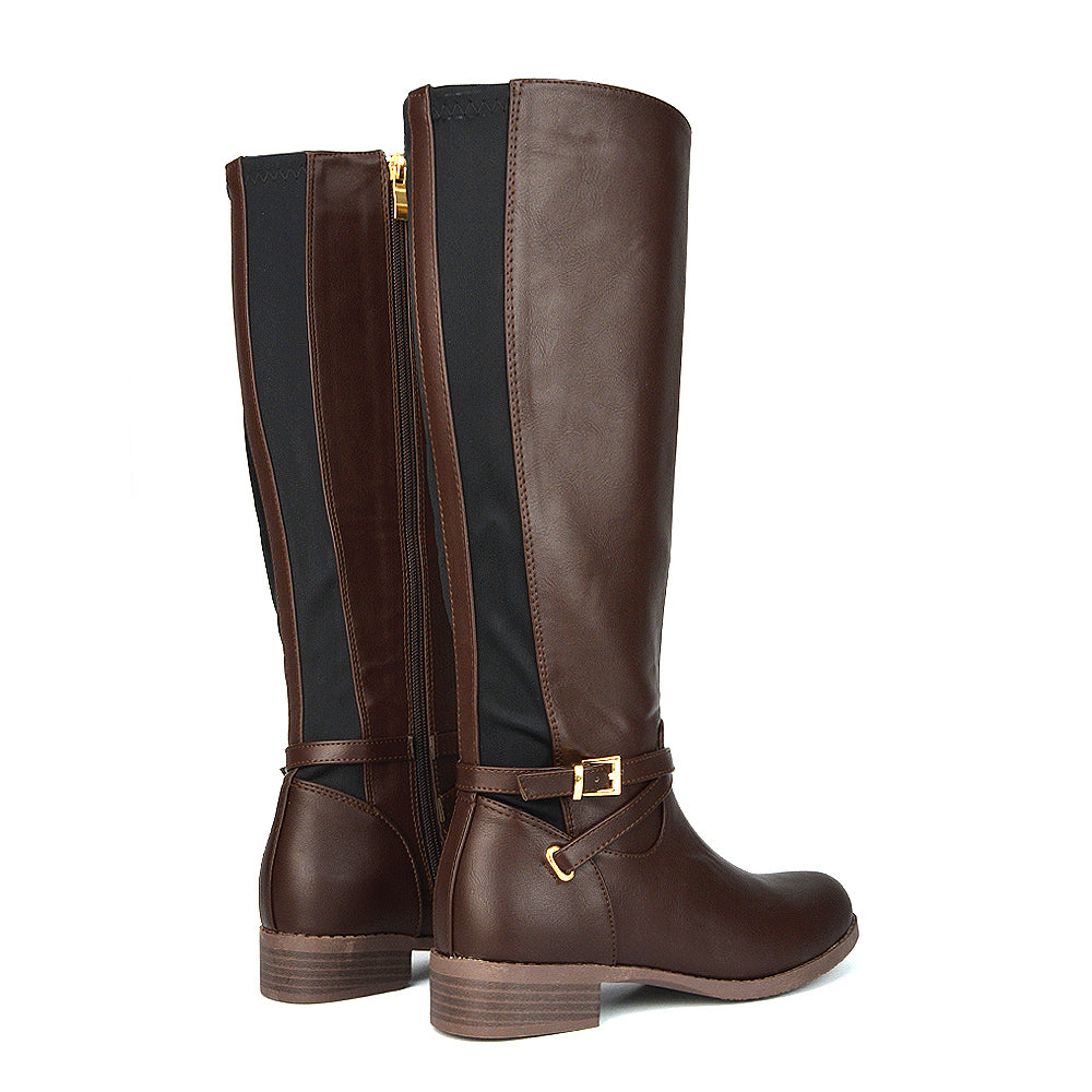 Everly Flat Knee High Low Block Heel Riding Flat Long Boots in Brown Synthetic Leather