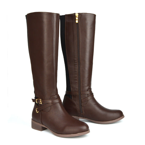 Everly Flat Knee High Low Block Heel Riding Flat Long Boots in Brown Synthetic Leather