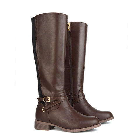 Everly Flat Knee High Low Block Heel Riding Flat Long Boots in Brown Synthetic Leather