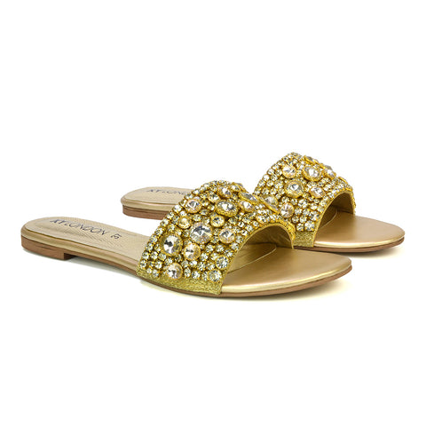 gold diamante flat sandals