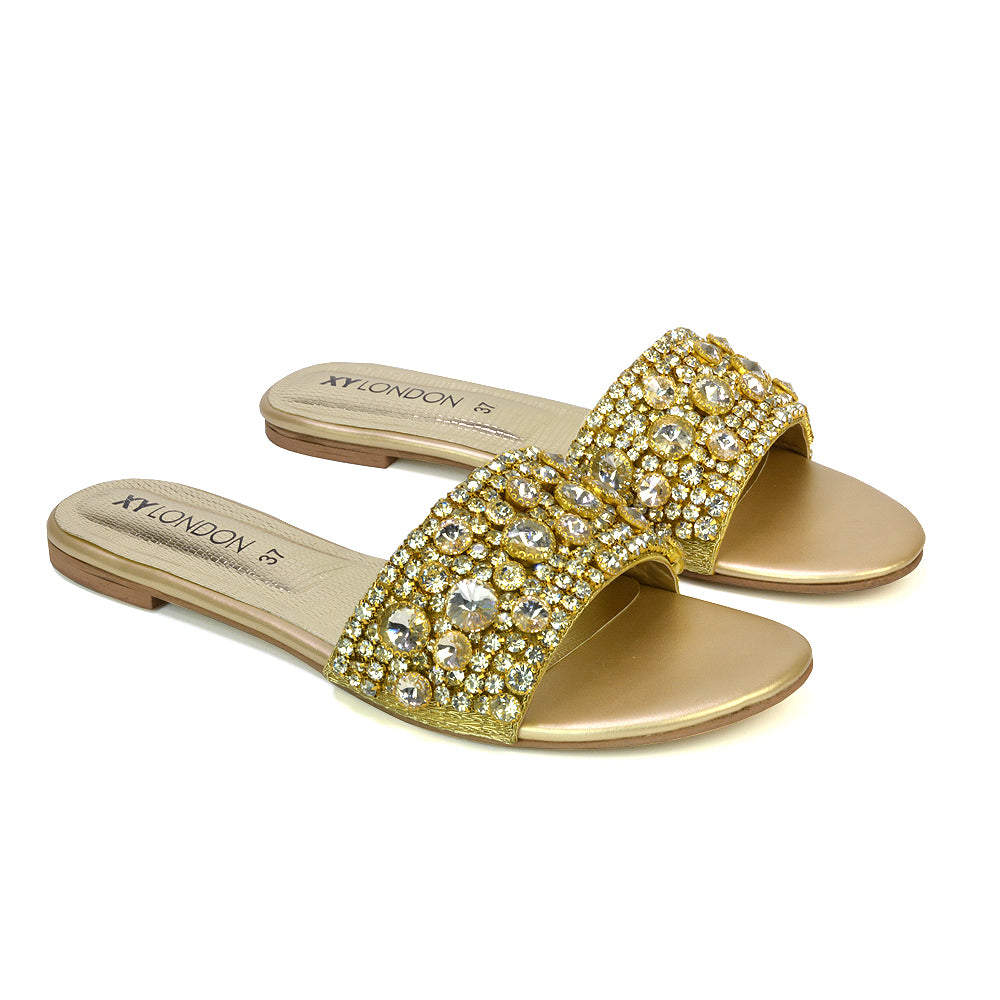 Brielle Metallic Slip On Diamante Flat Sandal Sliders in Gold