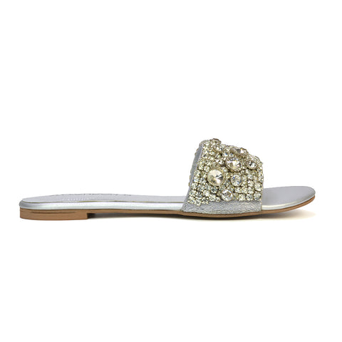 Brielle Metallic Slip On Diamante Flat Sandal Sliders in Silver