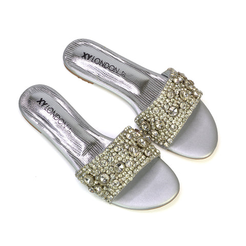 Brielle Metallic Slip On Diamante Flat Sandal Sliders in Silver