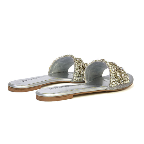 Brielle Metallic Slip On Diamante Flat Sandal Sliders in Silver