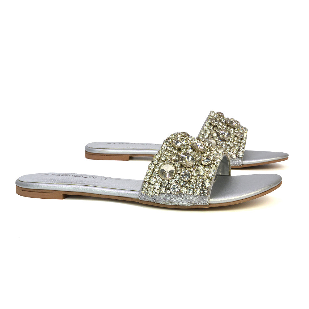 Brielle Metallic Slip On Diamante Flat Sandal Sliders in Silver