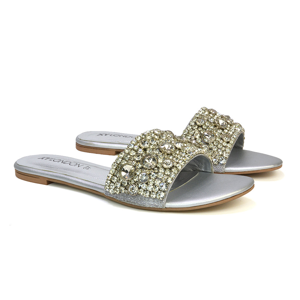 silver diamante flat sandals