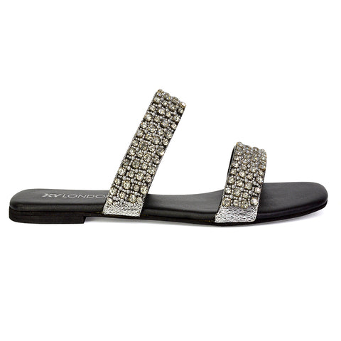 Justina Sparkly Embellished Square Toe Double Strappy Flat Diamante Sandals in White