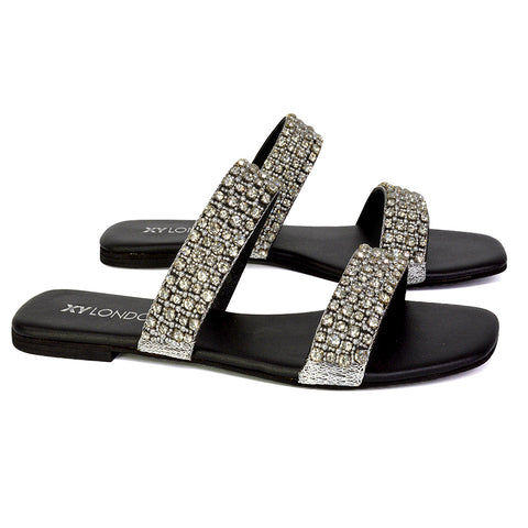 Justina Sparkly Embellished Square Toe Double Strappy Flat Diamante Sandals in Gold