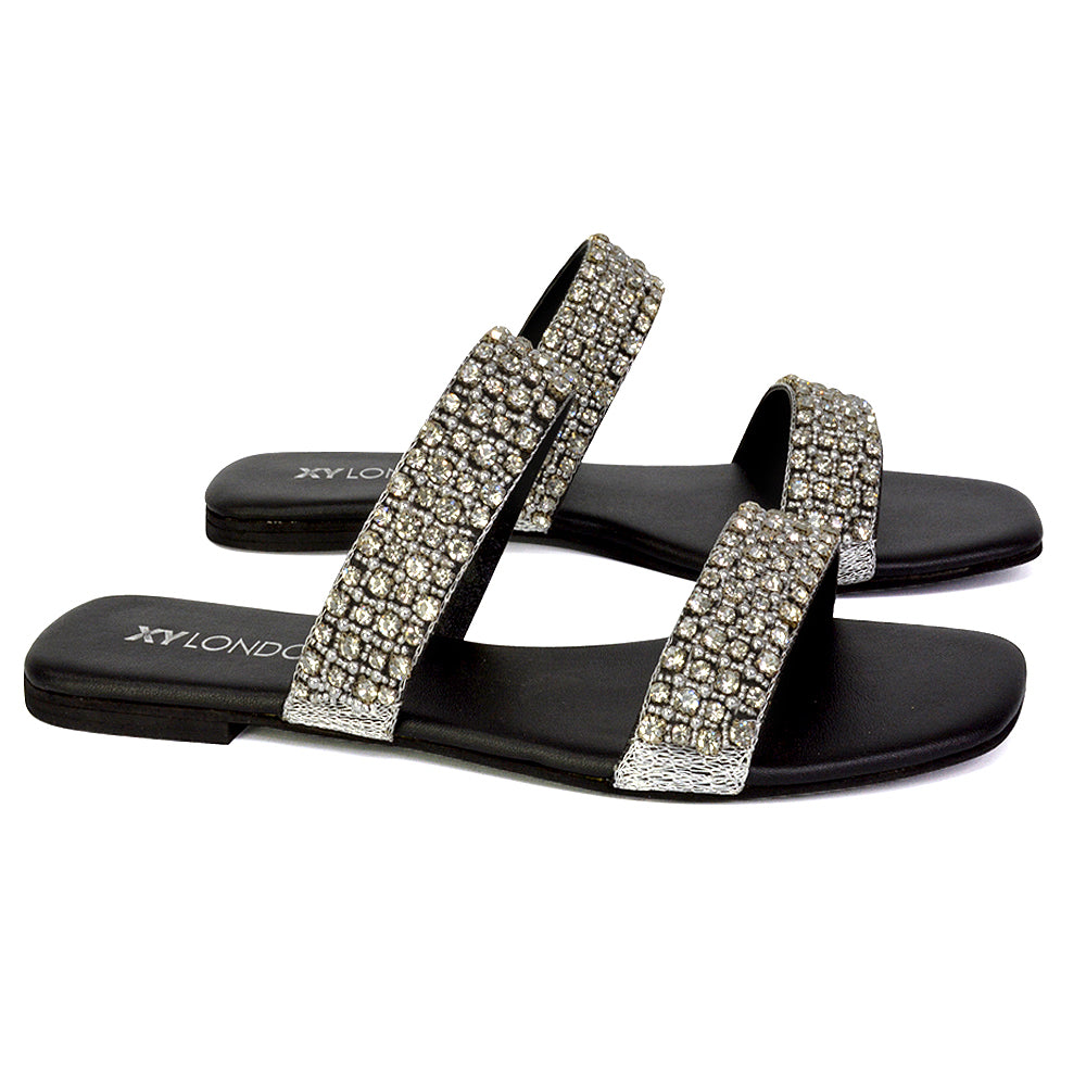 Justina Sparkly Embellished Square Toe Double Strappy Flat Diamante Sandals in Gold