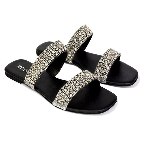 Justina Sparkly Embellished Square Toe Double Strappy Flat Diamante Sandals in White