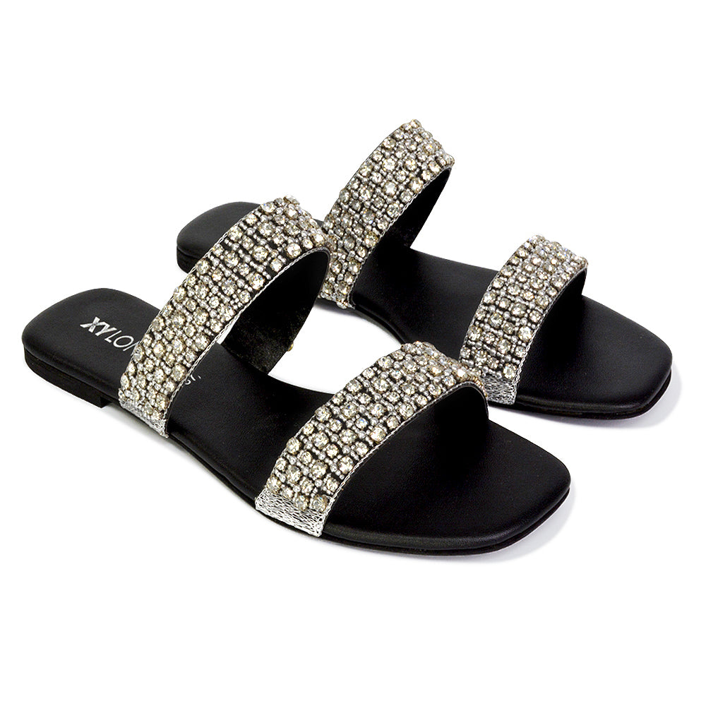 Justina Sparkly Embellished Square Toe Double Strappy Flat Diamante Sandals in Gold