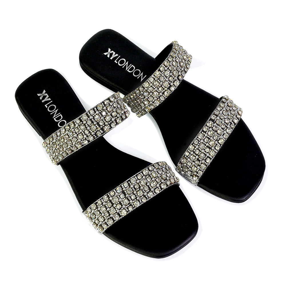 Justina Sparkly Embellished Square Toe Double Strappy Flat Diamante Sandals in Gold