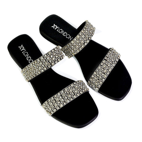 Justina Sparkly Embellished Square Toe Double Strappy Flat Diamante Sandals in White