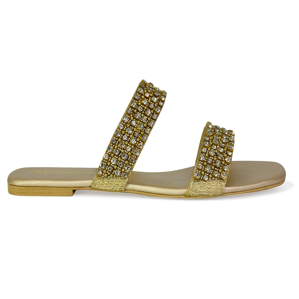 Justina Sparkly Embellished Square Toe Double Strappy Flat Diamante Sandals in Gold