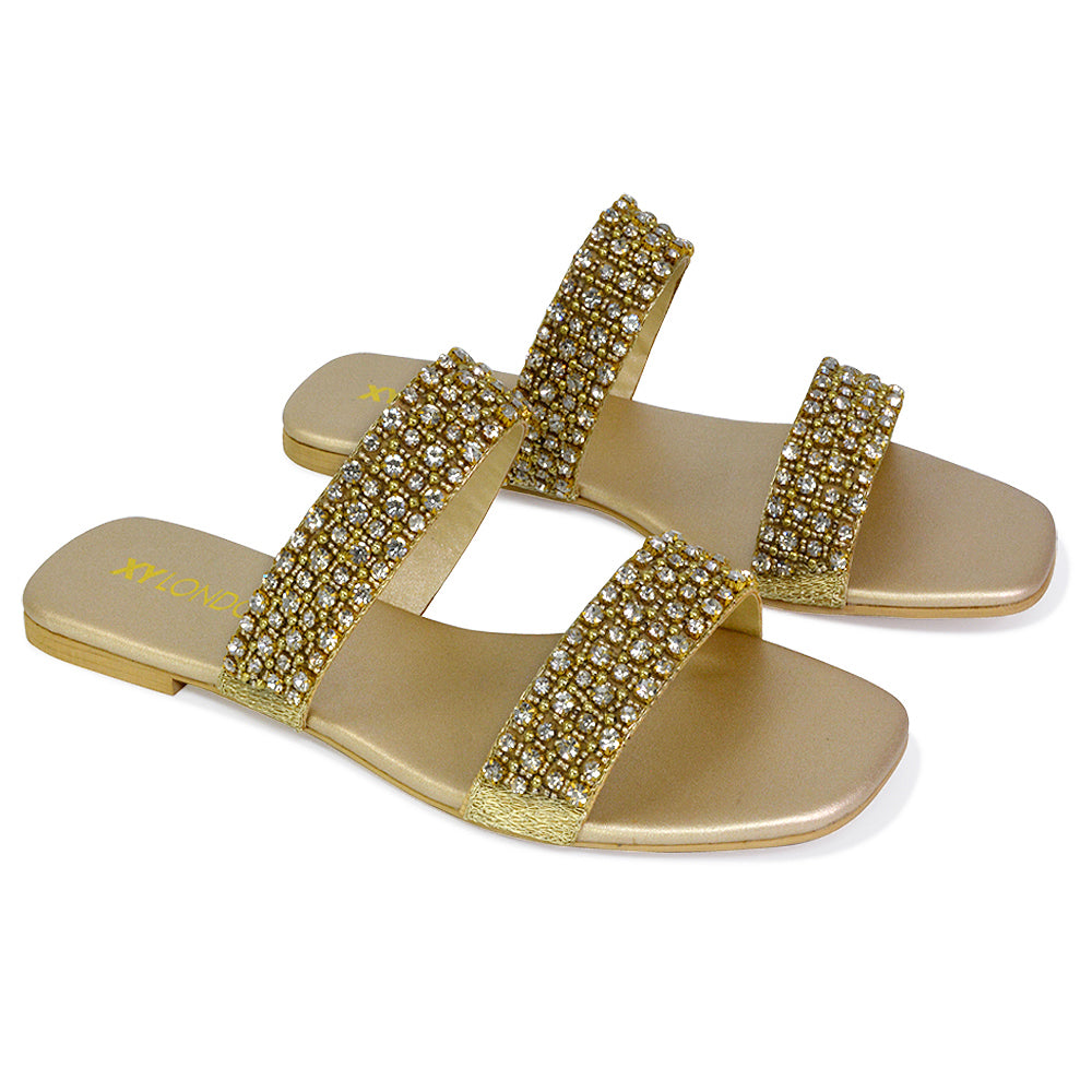 Justina Sparkly Embellished Square Toe Double Strappy Flat Diamante Sandals in Gold