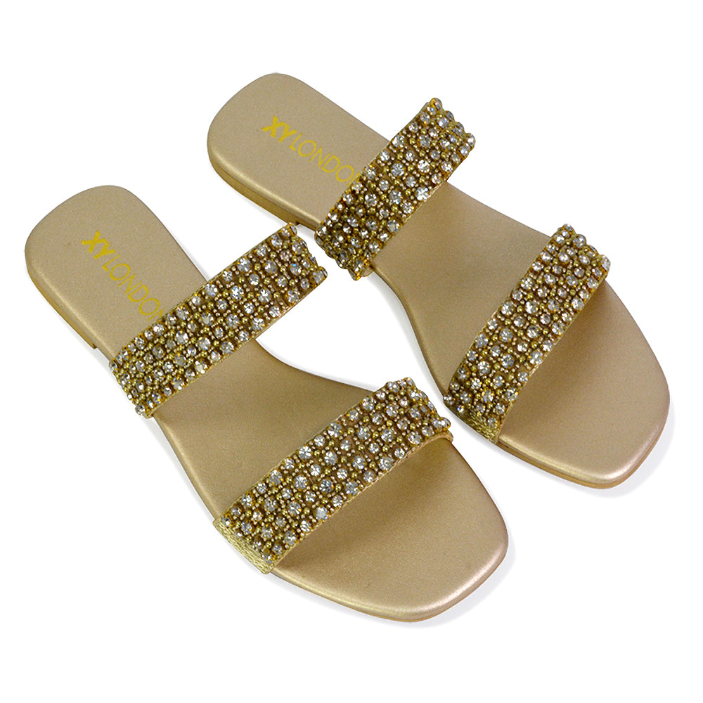 Justina Sparkly Embellished Square Toe Double Strappy Flat Diamante Sandals in Gold