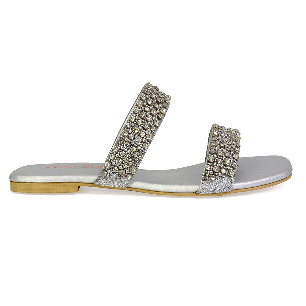 Justina Sparkly Embellished Square Toe Double Strappy Flat Diamante Sandals in Gold