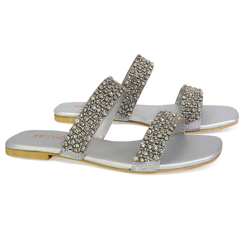Justina Sparkly Embellished Square Toe Double Strappy Flat Diamante Sandals in White