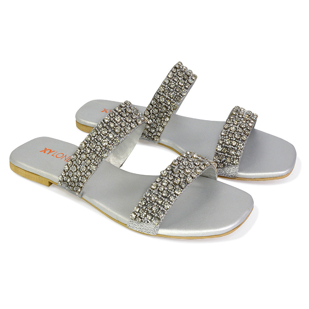 Justina Sparkly Embellished Square Toe Double Strappy Flat Diamante Sandals in White