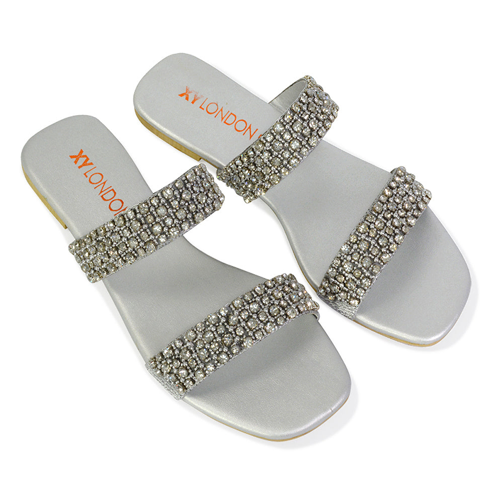 Justina Sparkly Embellished Square Toe Double Strappy Flat Diamante Sandals in White