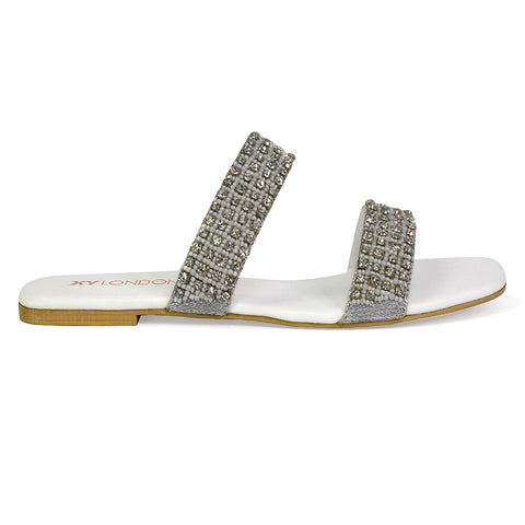 Justina Sparkly Embellished Square Toe Double Strappy Flat Diamante Sandals in White