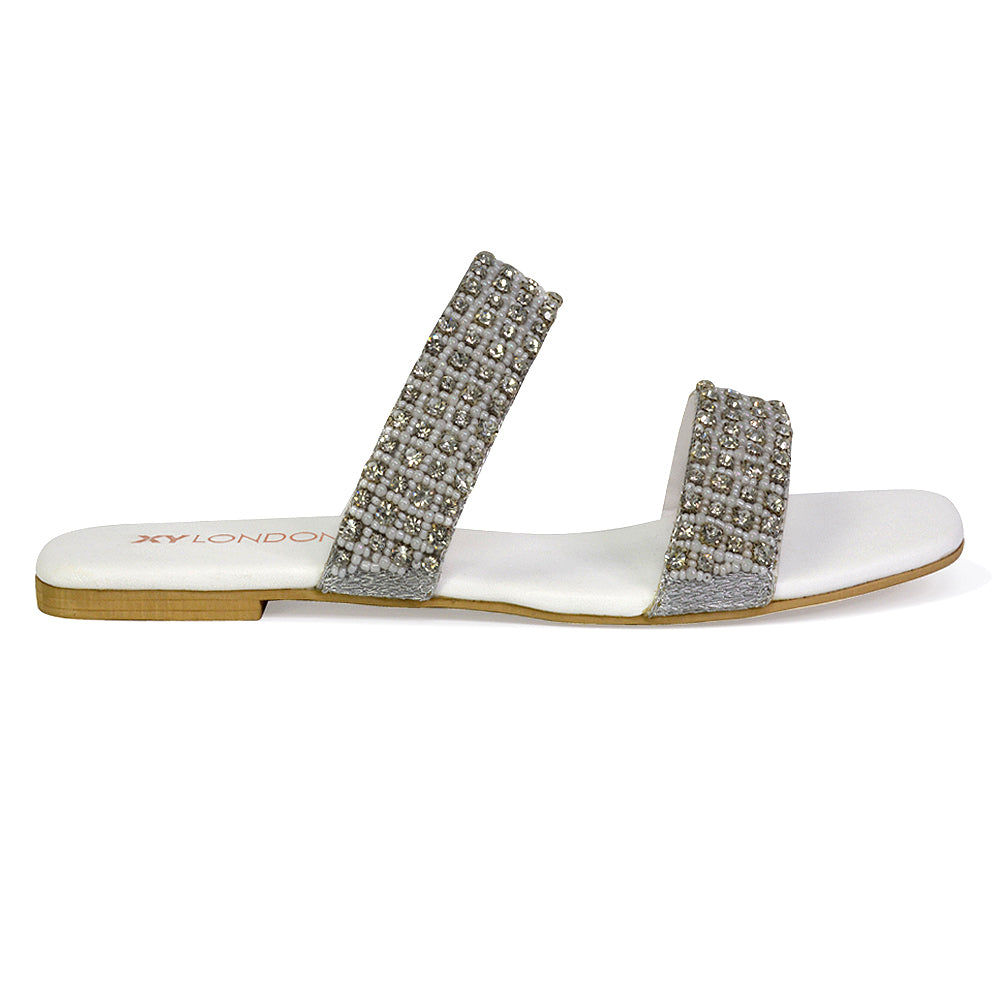 Justina Sparkly Embellished Square Toe Double Strappy Flat Diamante Sandals in Gold