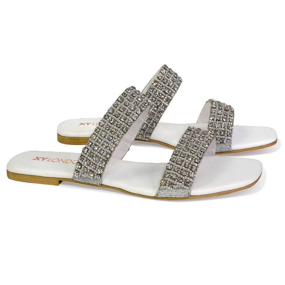 Justina Sparkly Embellished Square Toe Double Strappy Flat Diamante Sandals in Gold