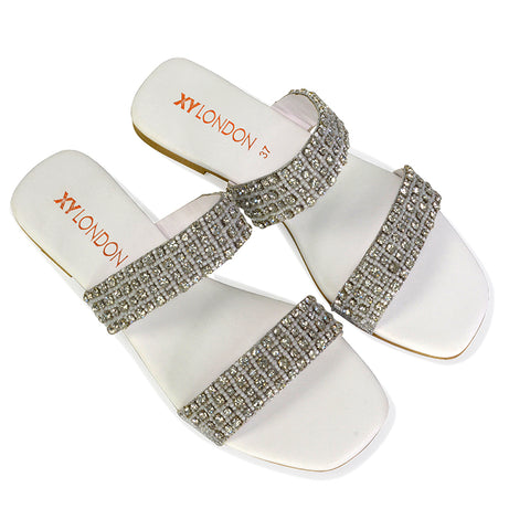 Justina Sparkly Embellished Square Toe Double Strappy Flat Diamante Sandals in White