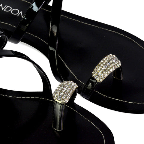Bliss Embellished Toe Ring Strappy Slip On Flat Diamante Sandal Slides in Silver