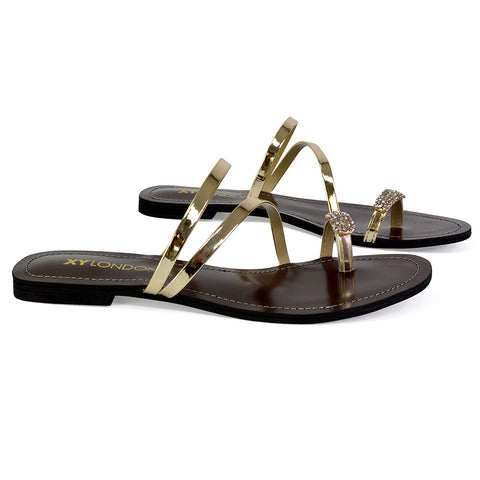 Bliss Embellished Toe Ring Strappy Slip On Flat Diamante Sandal Slides in Fuchsia